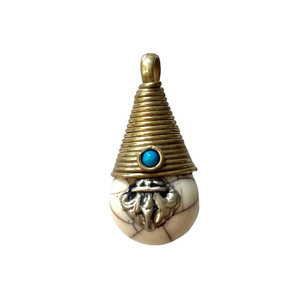 Reversible Ethnic Tibetan White Crackle Resin Charm Pendant with Handmade Wire Cap, Vajra Dorje & Bead Inlays - 15mm x 30mm - WM7864B