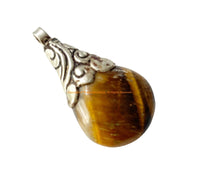 Himalayan Tigers Eye Gemstone Handmade Tibetan Pendant with Decorative Floral Bail - WM7998B