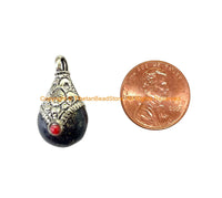 Tibetan Lapis Amulet Pendant with Tibetan Silver Caps & Red Bead Accent - Ethnic Lapis Amulet Pendant with Repousse Cap - WM3584A