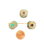 3 BEADS - LARGE BIG Handmade Ethnic Tibetan Inlaid Beads- Cube Box Shape Inlay Bead - B3533C