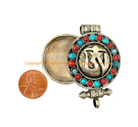 Tibetan "OM" Prayer Box Ghau Amulet Pendant with Turquoise & Coral Inlays - Ethnic Ghau Pendant - Om Aum Ohm - WM7272