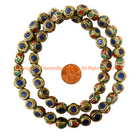 4 BEADS - Handmade Ethnic Tibetan Beads with Brass, Lapis, Turquoise & Coral Inlays - Reversible Disc Beads - B3420D-4