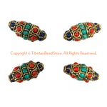 2 BEADS - EXTRA BIG Tibetan Bicone Beads with Brass, Turquoise & Coral, Lapis Inlays - Ethnic Nepal Tibetan Handmade Beads - B3540B-2