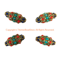 2 BEADS - EXTRA BIG Tibetan Bicone Beads with Brass, Turquoise & Coral, Lapis Inlays - Ethnic Nepal Tibetan Handmade Beads - B3540B-2