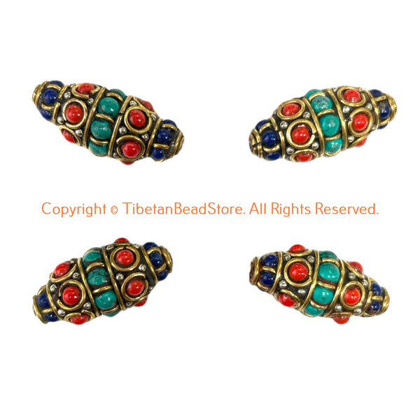 2 BEADS - EXTRA BIG Tibetan Bicone Beads with Brass, Turquoise & Coral, Lapis Inlays - Ethnic Nepal Tibetan Handmade Beads - B3540B-2