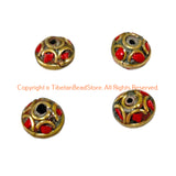 4 BEADS - Handmade Ethnic Tibetan Beads with Brass & Coral Inlays - B3420F-4