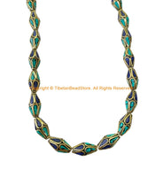 10 BEADS Tibetan Bicone Beads with Brass, Lapis & Turquoise Inlays - Handmade Brass Inlay Beads - B3539-10