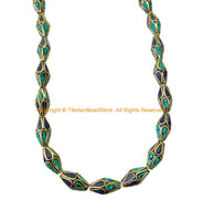 4 BEADS Tibetan Bicone Beads with Brass, Lapis & Turquoise Inlays - Handmade Brass Inlay Beads - B3539-4