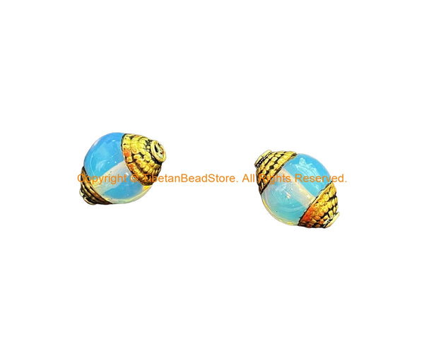 2 BEADS - Tibetan Milky Quartz Beads with Repousse Brass Caps- Handmade Ethnic Nepal Tibetan Beads by TibetanBeadStore- B3519-2