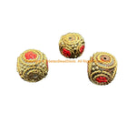 3 BEADS - LARGE BIG Handmade Ethnic Tibetan Inlaid Beads- Cube Box Shape Inlay Bead - B3533A