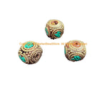 3 BEADS - LARGE BIG Handmade Ethnic Tibetan Inlaid Beads- Cube Box Shape Inlay Bead - B3533C