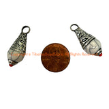 2 Pendants - Tibetan White Crackle Resin Drop Charm Pendants with Tibetan Silver Caps & Coral Accent - WM6515K-2