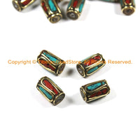 4 BEADS Tibetan Beads-Turquoise, Coral & Brass Inlay Beads Nepalese Beads Tibet Beads Tribal Beads Nepal Beads TibetanBeadStore - B3025-4
