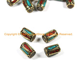 4 BEADS Tibetan Beads-Turquoise, Coral & Brass Inlay Beads Nepalese Beads Tibet Beads Tribal Beads Nepal Beads TibetanBeadStore - B3025-4