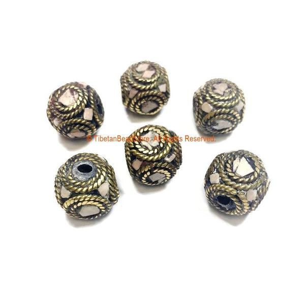 2 BEADS Tibetan Beads with Brass & Howlite Inlays - Inlaid Box Cube Beads - Ethnic Nepal Tibetan Beads by TibetanBeadStore - B3330B-2
