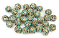 2 BEADS Nepal Tibetan Beads with Brass & Turquoise Inlays - TibetanBeadStore - Tibetan Brass Inlay Polyhedron Shape Beads - B2758-2