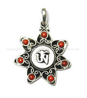 Tibetan Om Flower Pendant with Red Coral Bead Inlays - Ethnic Nepalese Tibetan Pendant - WM2938