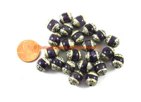 2 BEADS Tibetan Amethyst Beads with Repousse Handmade Tibetan Silver Caps - Ethnic Nepal Tibetan Beads - TibetanBeadStore - B3300-2
