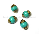 4 BEADS - Tibetan Turquoise Beads with Brass Caps - Ethnic Nepal Tibetan Beads - B1000-4