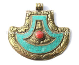 LARGE Ethnic Tibetan Brass Tribal Style Pendant with Repousse Floral Details, Turquoise & Coral Inlays - Tibetan Pendant Jewelry - WM5532