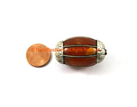 BIG Tibetan Amber Resin Bead with Tibetan Silver Wire & Caps - Ethnic Tibetan Amber Color Resin Beads - B3319