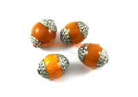 4 BEADS - Tibetan Honey Amber Color Resin Beads with Repousse Tibetan Silver Caps- TibetanBeadStore Ethnic Nepal Tibetan Beads- B3315-4