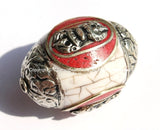 1 BEAD - LARGE Tibetan White Crackle Resin Bead with Auspicious Conch & Coral Inlay - LARGE Tibetan Focal Bead - B2045-1