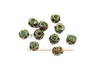 10 BEADS Ethnic Nepal Tibetan Turquoise & Brass Inlay Beads - Handmade Nepal Tibetan Box Shaped Beads - TibetanBeadStore - B3456-10