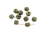 2 BEADS Ethnic Nepal Tibetan Turquoise & Brass Inlay Beads - Handmade Nepal Tibetan Box Shaped Beads - TibetanBeadStore - B3456-2