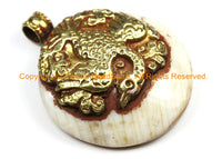 Ethnic Tribal Tibetan Naga Conch Shell Disc Pendant with Repousse Brass Phoenix Bird & Lotus Floral Details - WM7181