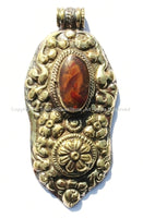 LARGE LONG Unique Ethnic Tibetan Amber Inlaid Repousse Hand Carved Brass Pendant with Turquoise Accent with Lotus Floral Details - WM4580