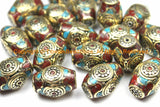 2 BEADS - Tibetan Thick Bicone Beads with Brass, Turquoise & Coral Inlays - Rectangular Box Bicone Barrel Drum Shape Beads - B3134-2