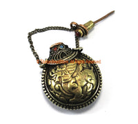 Tibetan Snow Lion Brass & Copper Snuff Perfume Bottle Pendant with Glass Bead Inlays - 37mm x 49mm - Ethnic Tribal Handmade Pendant - WM7268