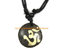 OM Mantra Design Carved Bone Pendant Necklace on Adjustable Cord - Ethnic Tribal Handmade Boho Jewelry - HC166T