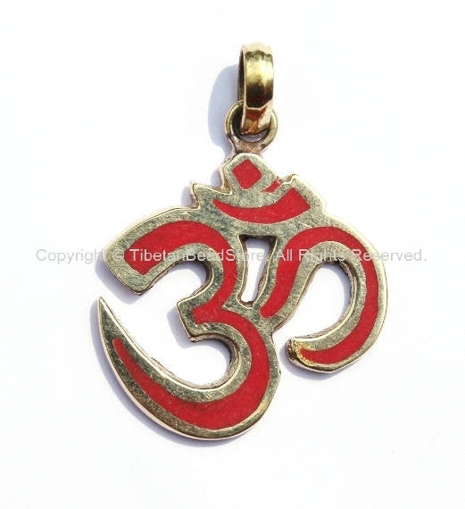 2 PENDANTS - Tibetan Sanskrit OM Pendants with Brass & Coral Inlays - Om Aum Ohm - Handmade Tibetan Om Yoga Jewelry - WM1172-2
