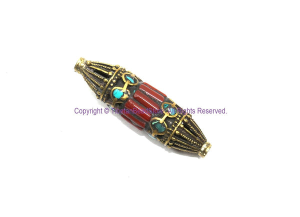 1 BEAD LARGE Quality Ethnic Tribal Tibetan Long BiCone Beads with Brass, Turquoise, Coral Inlays - Handmade Tibetan Beads - B3506-1