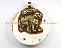 LARGE Ethnic Tribal Tibetan Naga Conch Shell Disc Pendant with Repousse Brass Elephant & Monkey Details - TibetanBeadStore - WM7184