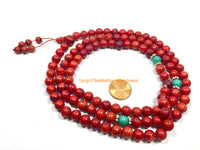 Red Colored Bone Tibetan Mala Prayer Beads with Turquoise & Metal Spacers - 8mm Size Red Beads Ethnic Tibetan Mala Prayer Beads - PB205