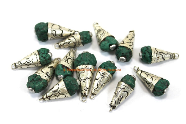 Sterling Silver Capped Ethnic Howlite Turquoise Drop Charm Pendant - Nepal Tibetan Silver Turquoise Charm TibetanBeadStore - SS8018-1