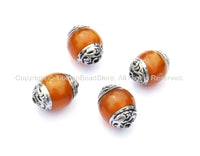 4 BEADS - Tibetan Amber Resin Beads with Tibetan Silver Caps - Tibetan Beads Pendants Jewelry - TibetanBeadStore - B910-4
