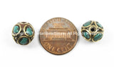 2 BEADS Nepal Tibetan Beads with Brass & Turquoise Inlays - TibetanBeadStore - Tibetan Brass Inlay Polyhedron Shape Beads - B2758-2
