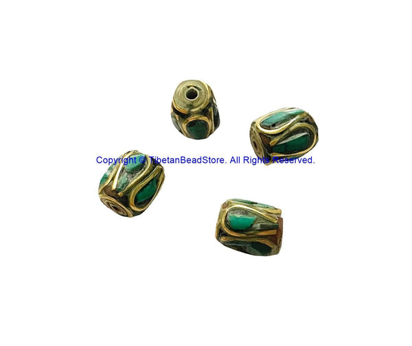 4 BEADS Tibetan Barrel Shape Beads with Brass, Turquoise Inlays - Ethnic Nepal Tibetan Beads - B3521-4