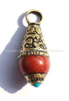 2 PENDANTS Ethnic Tibetan Red Jade Charm Pendants with Brass Caps and Turquoise Bead Accent - Charms & Findings - WM4009-2