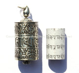 Tibetan Silver Prayer Wheel Pendant with Mantra Prayer Scrolls - 15mm x 47mm - Auspicous Symbols, Double Vajra & Om Mantra Details - WM845