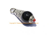 Tibetan Black Onyx Healing Amulet Charm Pendant with Tibetan Silver Caps & Red Copal Coral Accent - WM2050