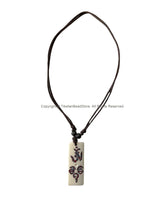 Handmade Tibetan OM Mantra Buddha Eyes Bone Pendant on Adjustable Cord - OM Buddha Eyes - Bone Rectangular Bar Mantra Pendant- HC166AH