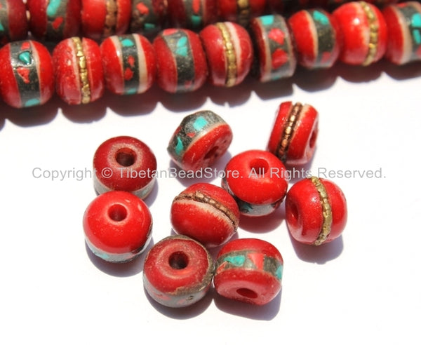 10 BEADS 9mm-10mm Red Bone Inlaid Tibetan Beads with Turquoise & Coral Inlays - LPB13-10