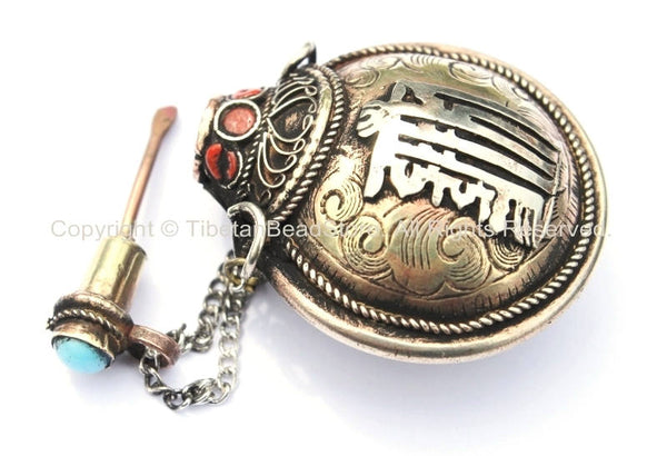 Kalachakra Mantra Tibetan Brass Snuff Perfume Bottle Pendant with Glass Bead Inlays - 38mm x 50mm - Ethnic Tribal 3 Metals Pendant - WM7265