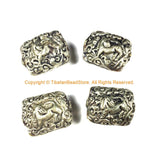 4 BEADS Tibetan Beads - Repousse Carved Animal Details Focal Tibetan Metal Beads - Unique Ethnic Handmade Tibetan Beads - B2418S-4