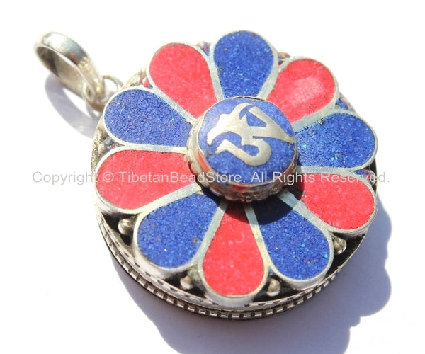 Tibetan OM Mantra Flower Ghau Prayer Box Amulet Pendant with Lapis & Coral Inlays - Tibetan OM Pendant - Handmade Tibetan Jewelry - WM5165ML